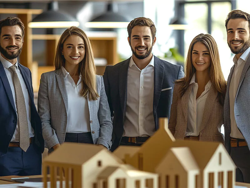 group people standing front model house with houses background
